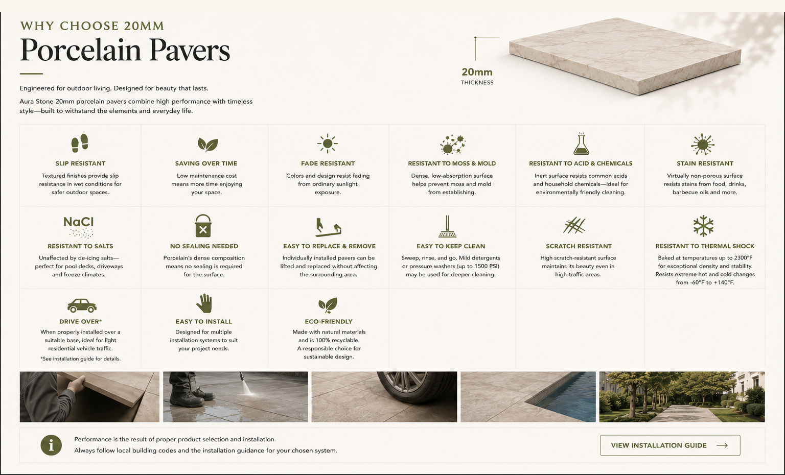 Aura Stone infographic explaining the principal advantages and planning considerations for 20 millimeter porcelain pavers.