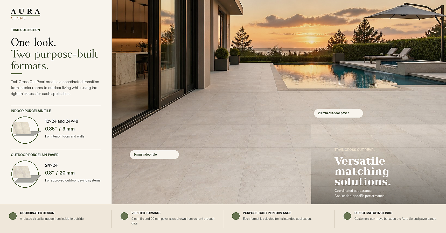 Aura Stone Trail Cross Cut Pearl matching system showing 9 millimeter indoor porcelain tile and 20 millimeter outdoor porcelain paver in one coordinated project.