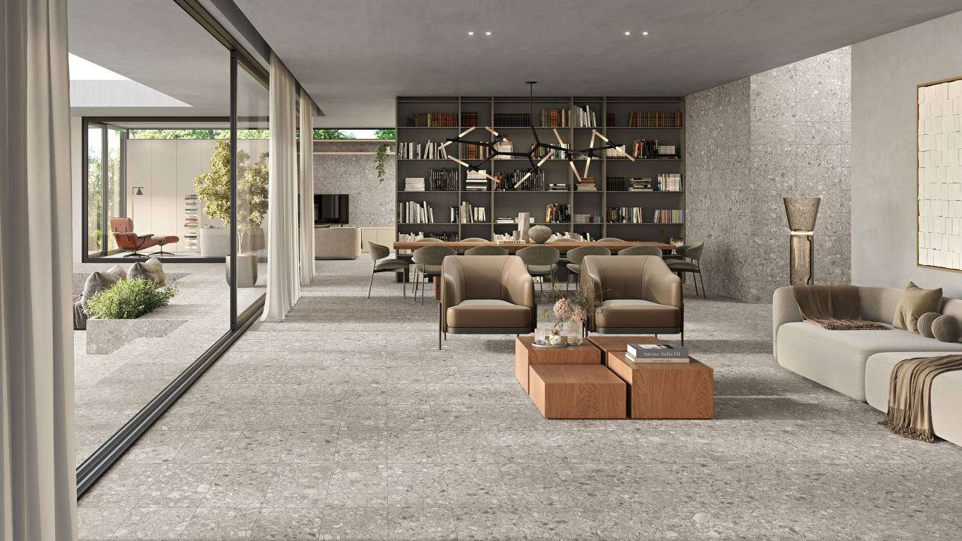Outdoor porcelain pavers used in a modern patio and pool area.