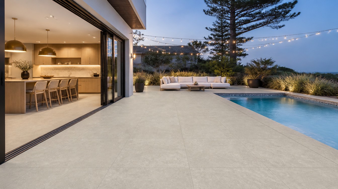 Stone-look porcelain pavers installed in a modern exterior space.