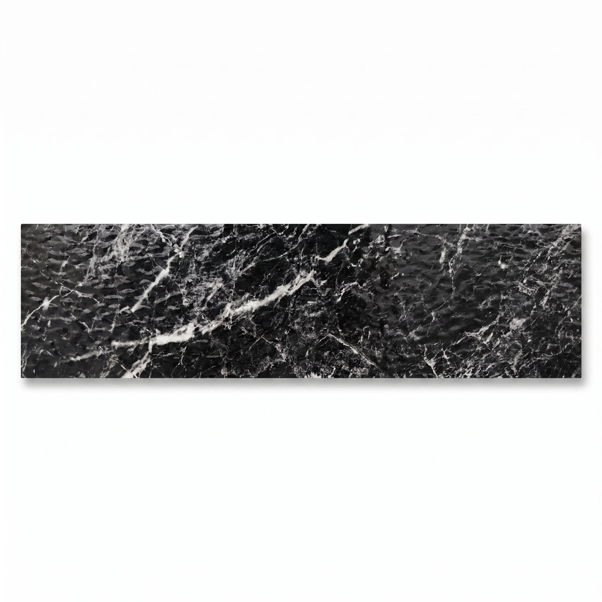 Roccia Black Glossy 6x24 porcelain surface texture and color detail.